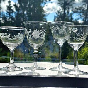 4 Elegant Mixed Floral Etched Cocktail Glasses 3-4oz mismatched design 0171